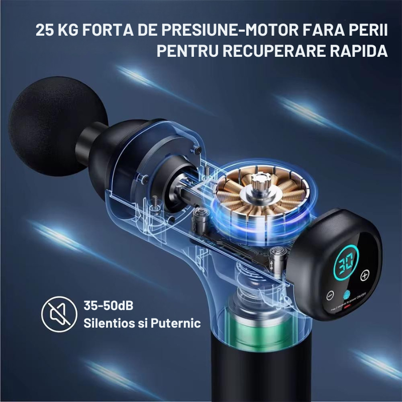Pistol Masaj Profesional CenturyLux® – 6 Capete, 30 Viteze, 3300 Percuții/min,+ Geantă Transport – Relaxare, Tonifiere & Anticelulitic – Negru
