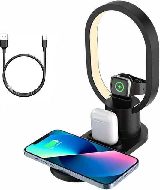 Statie de incarcare Wireless Smart 4 in 1, cu Lampa LED de Veghe, Incarcare rapida, 15W, Negru