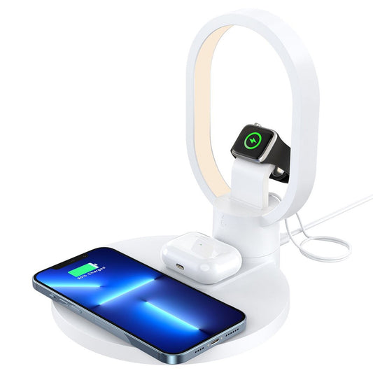 Statie de incarcare Wireless Smart 4 in 1, cu Lampa LED de Veghe, Incarcare rapida, 15W, Alb