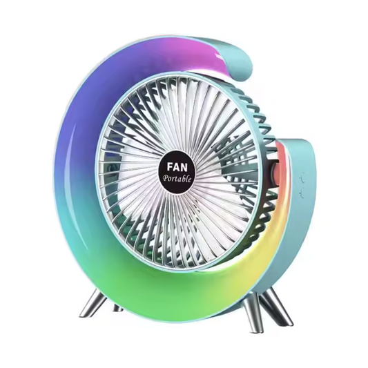 Ventilator Portabil cu Iluminare LED RGB – 3 Viteze, 5 Moduri Lumină, Reglabil 180°, USB | Birou, Mașină, Camping