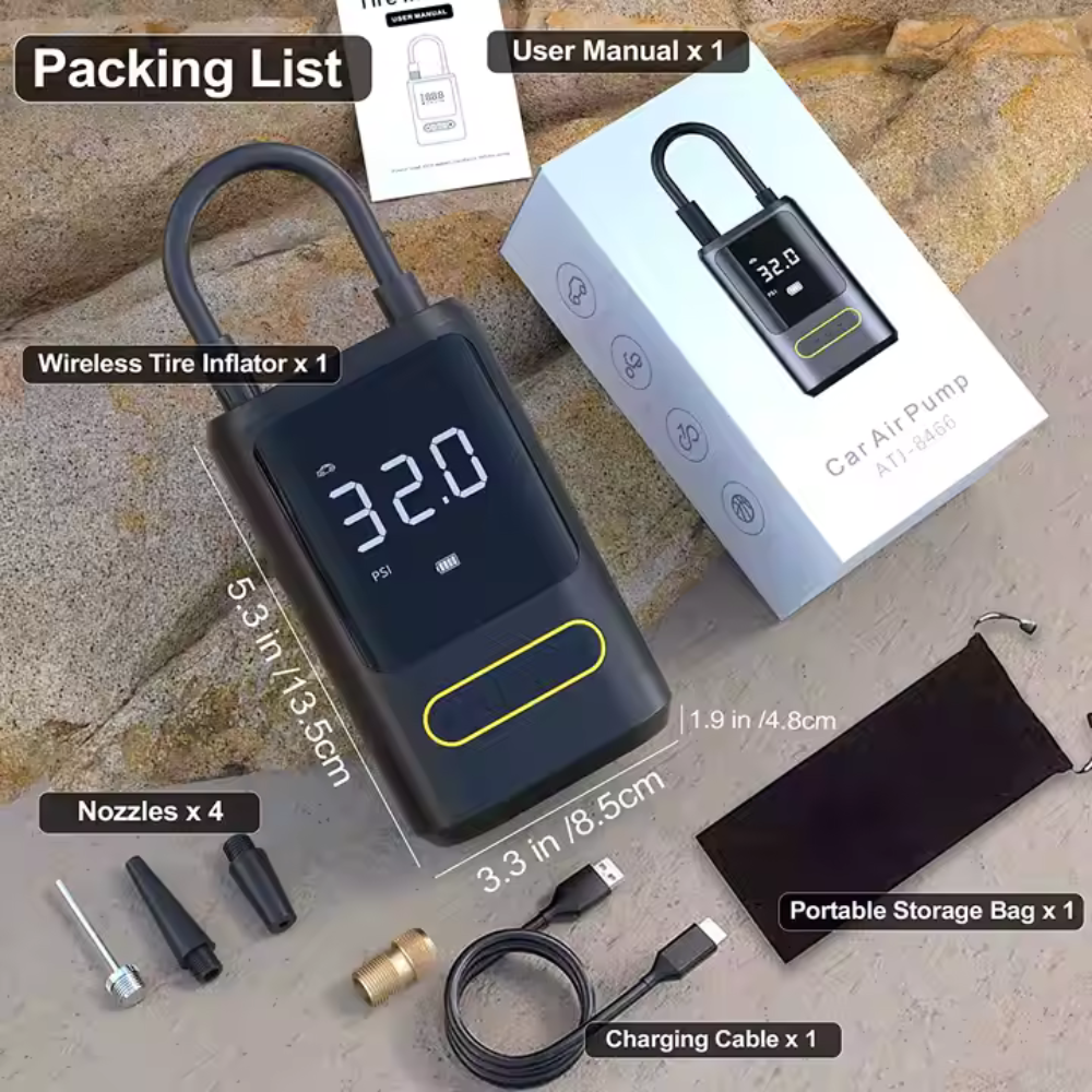Compresor Auto Digital Wireless  – 150 PSI, 18L/min, Powerbank 4000mAh, LED + SOS | Mașină, Bicicletă, Motocicletă, Mingi
