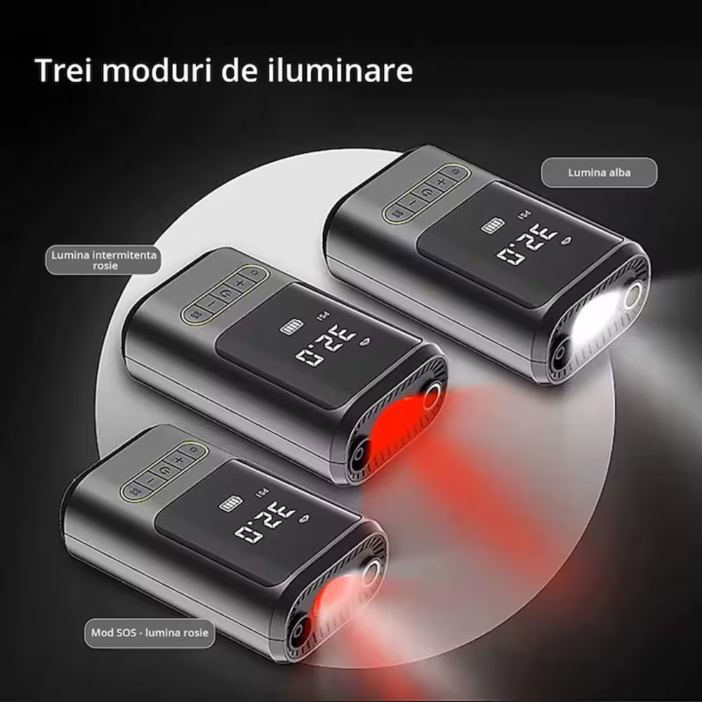 Compresor Auto Digital Wireless  – 150 PSI, 18L/min, Powerbank 4000mAh, LED + SOS | Mașină, Bicicletă, Motocicletă, Mingi