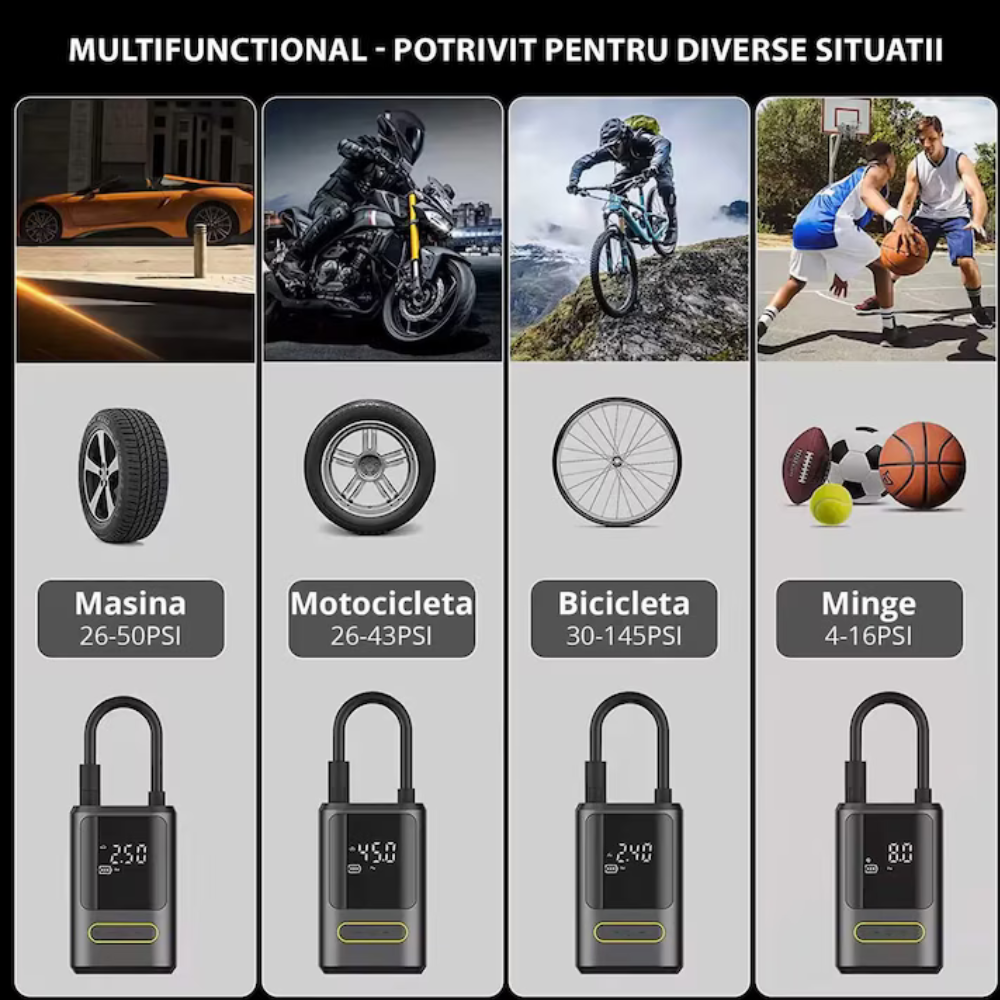 Compresor Auto Digital Wireless  – 150 PSI, 18L/min, Powerbank 4000mAh, LED + SOS | Mașină, Bicicletă, Motocicletă, Mingi