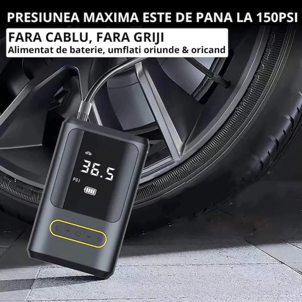 Compresor Auto Digital Wireless  – 150 PSI, 18L/min, Powerbank 4000mAh, LED + SOS | Mașină, Bicicletă, Motocicletă, Mingi