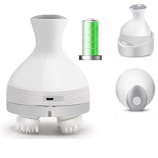 Aparat de Masaj 3D pentru Scalp, Fata si Corp- Relaxare si Revitalizare, 4 Zone Masaj, Capete de Silicon detasabile, Reincarcabil, Alb