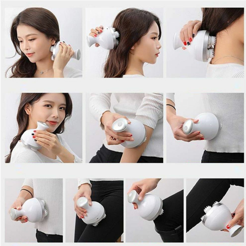 Aparat de Masaj 3D pentru Scalp, Fata si Corp- Relaxare si Revitalizare, 4 Zone Masaj, Capete de Silicon detasabile, Reincarcabil, Alb