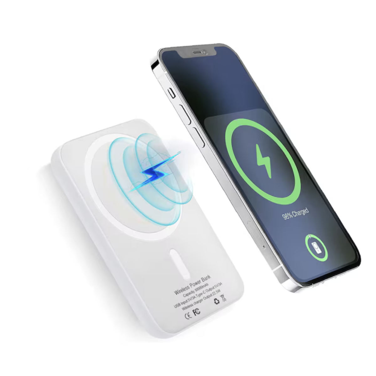Baterie Externă Wireless MagSafe 5000 mAh – Compatibilă iPhone, Power Bank Încărcare Rapidă, Alb/Gri, Portabilă și Ușoară