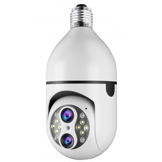 Cameră Supraveghere Bec WiFi 360° cu 2 Lentile, Viziune Nocturnă Color, Audio Bidirecțional, Compatibilă cu IOS & Android
