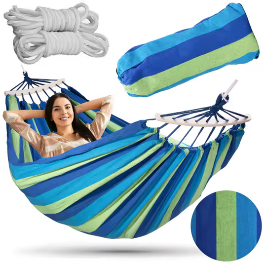 Hamac Textil cu Bare din Lemn – Confort Maxim, Ideal pentru Grădină, Camping sau Terasă