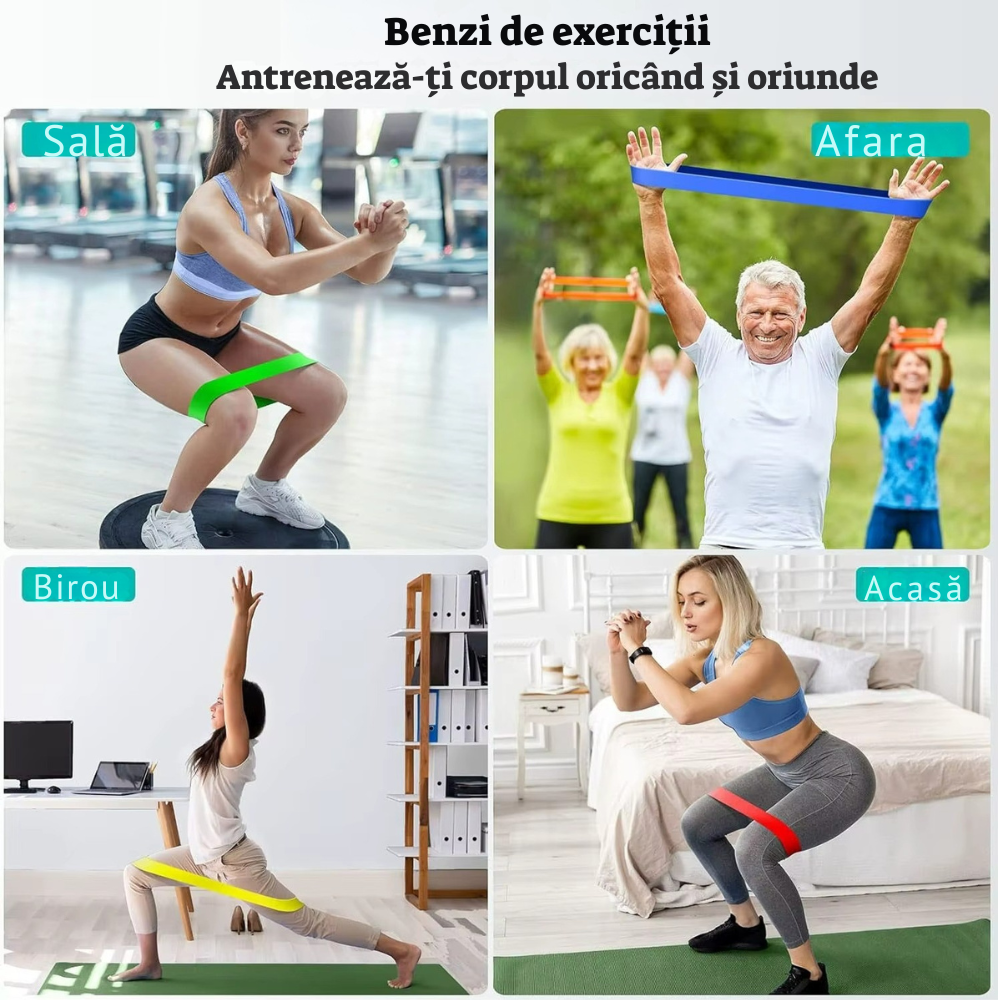 Set 5 benzi elastice Fitness din Latex Natural – 5 Niveluri de Intensitate, 60x5cm, Multicolor