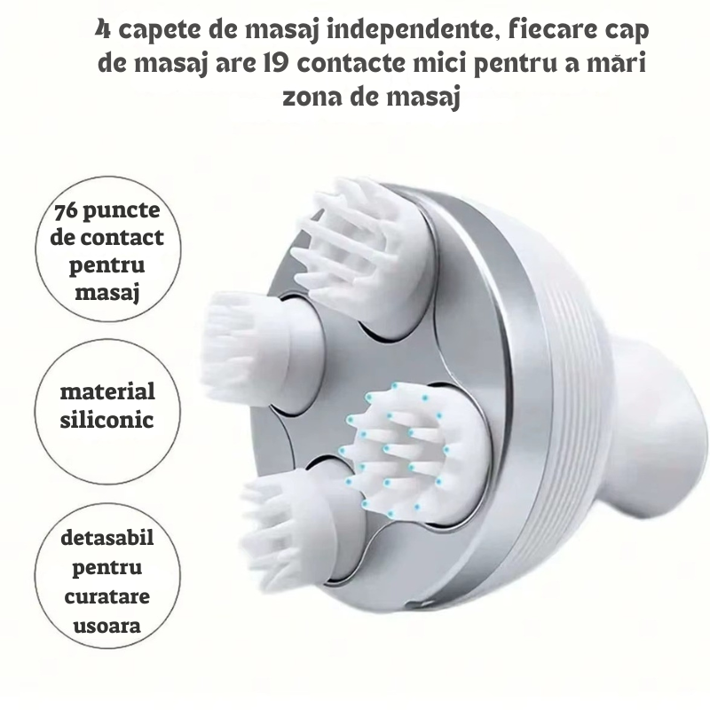 Aparat de Masaj 3D pentru Scalp, Fata si Corp- Relaxare si Revitalizare, 4 Zone Masaj, Capete de Silicon detasabile, Reincarcabil, Alb