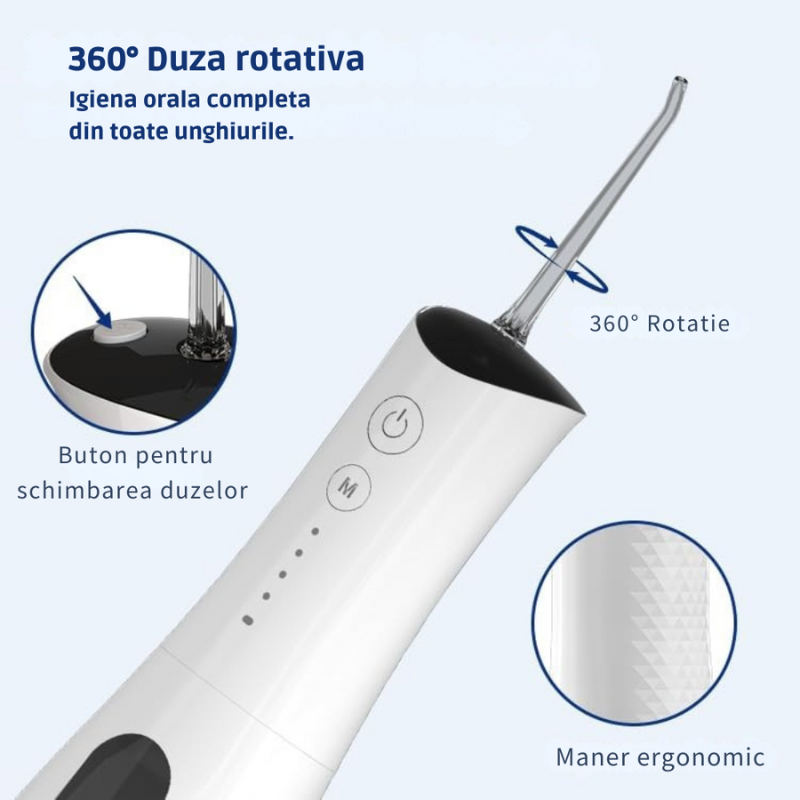 Irigator Oral Water flosser - Dus Bucal, Rezervor 300ml, 5 Capete de Curatare, 1600 pulsatii/minut, Tehnologie Sonic Bubble, IPX7, Alb