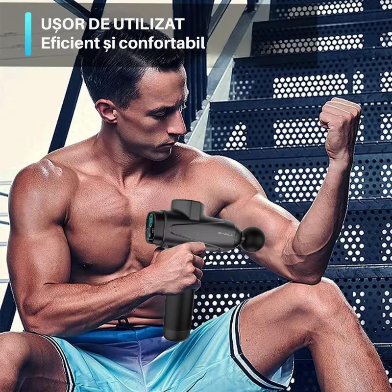 Pistol Masaj Profesional CenturyLux® – 6 Capete, 30 Viteze, 3300 Percuții/min,+ Geantă Transport – Relaxare, Tonifiere & Anticelulitic – Negru