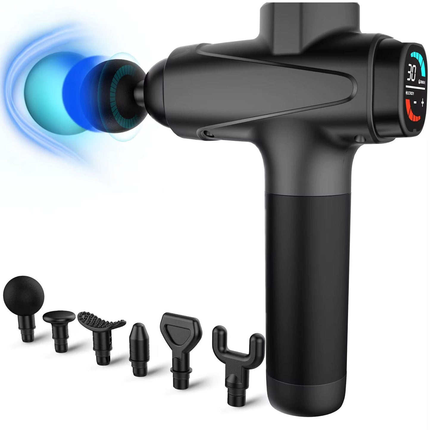 Pistol Masaj Profesional CenturyLux® – 6 Capete, 30 Viteze, 3300 Percuții/min,+ Geantă Transport – Relaxare, Tonifiere & Anticelulitic – Negru