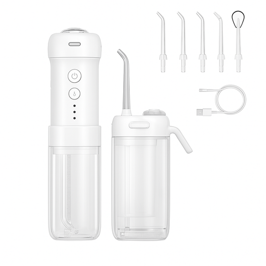 Irigator Oral Portabil Water Flosser - Dus Bucal, rezervor 200ML, 5 capete de curatare, 1400 Pulsatii/min, tehnologie Sonic Bubble, IPX7, Alb