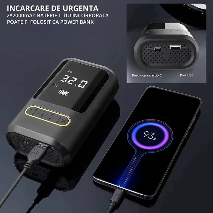 Compresor Auto Digital Wireless  – 150 PSI, 18L/min, Powerbank 4000mAh, LED + SOS | Mașină, Bicicletă, Motocicletă, Mingi